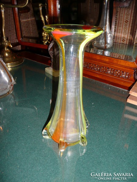 Szecessziós, színes hibátlan üveg váza 23 cm