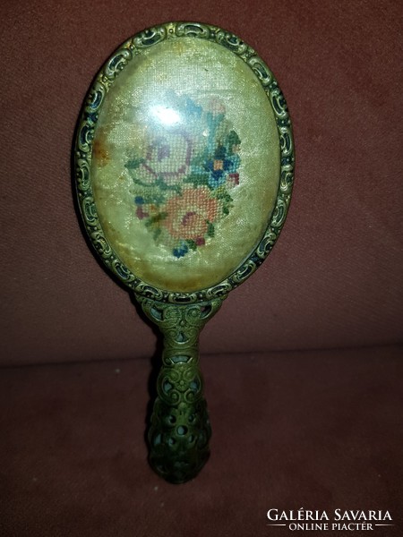 Antique, openwork, small, goblen back copper toilet mirror, 12x4 cm