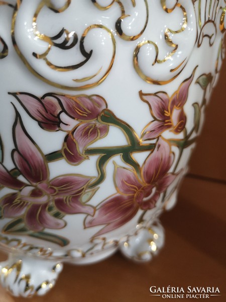 Különleges barokk Zsolnay 4 lábú orchideás kaspó, hibátlan, gyönyörű festéssel