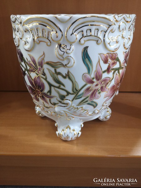 Különleges barokk Zsolnay 4 lábú orchideás kaspó, hibátlan, gyönyörű festéssel