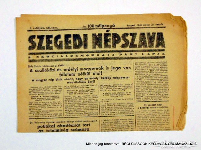 1946 május 29  /  SZEGEDI NÉPSZAVA  /  Régi ÚJSÁGOK KÉPREGÉNYEK MAGAZINOK Szs.:  8982