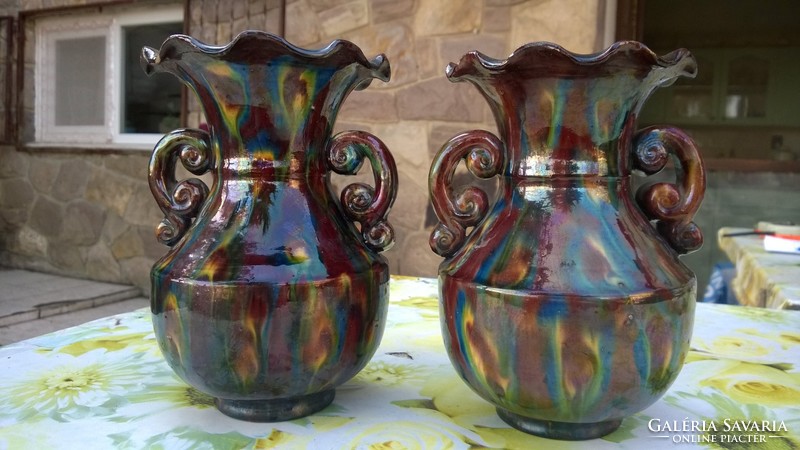 2 beautifully colored vases, vases with handles by Lojos Mezőtúr-szabo