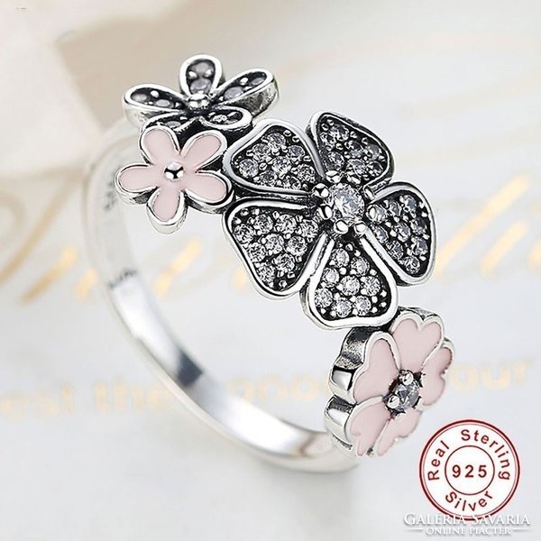 Rózsaszín-ezüst virágos gyűrű  7-es  ÚJ!