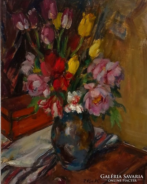P.  Bak János (1913-1981): Tavaszi csokor - Virágok vázában