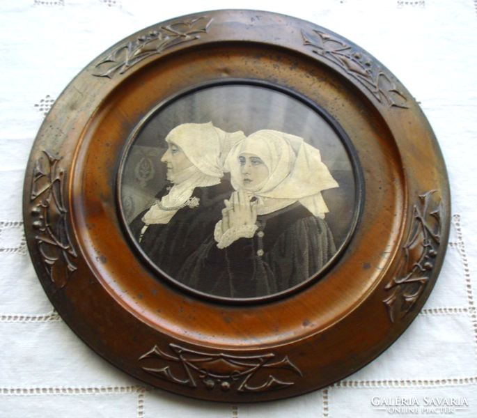 Antique French woven silk picture, art nouveau, in a metal frame (1918), wall decoration