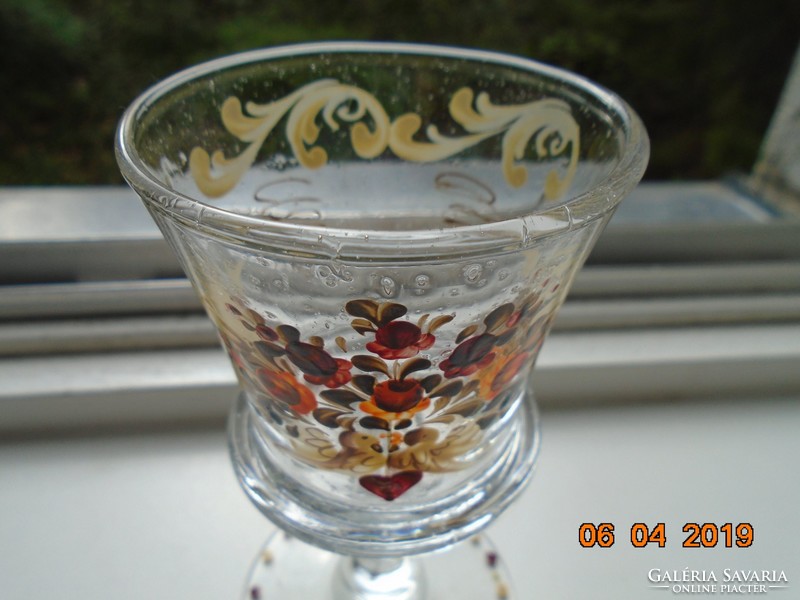 Biedermeier kézzel festett virág,madár,szivecske mintás, buborékos kézműves pohár