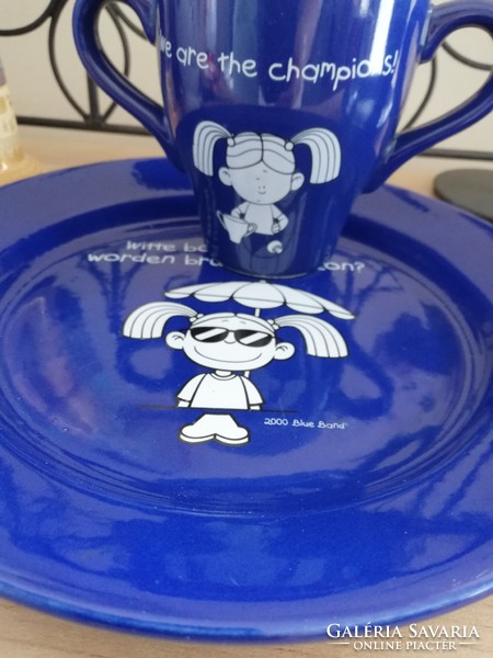 Cheerful children's figure blue breakfast sets 2 mugs + 2 plates