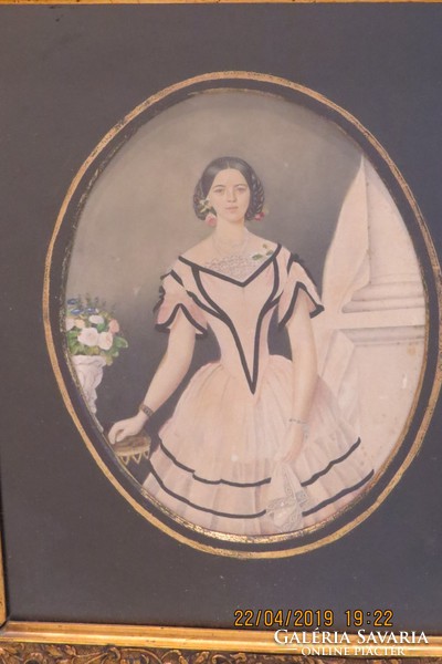 Osztrák festő 19. sz. közepe: Ifjú hölgy portréja, eredeti, rendkívüli minőségű és állapotú keretben