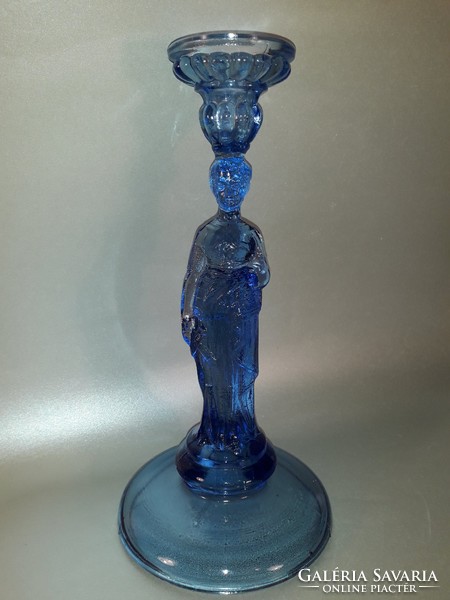 Téli esték meghitt éke antik nagy méretű öntött üveg kék nőalakos üveg gyertyatartó
