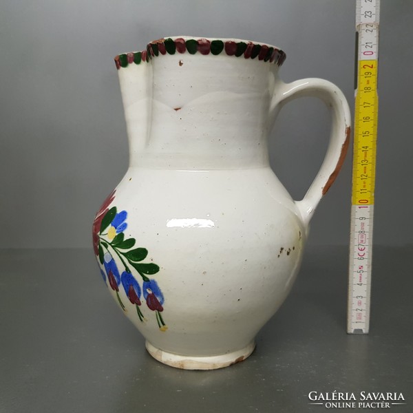 Hódmezővásárhely, colorful flower pattern, white glazed folk ceramic jug (683)