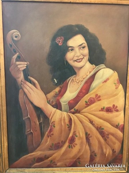 Olaj-vászon festmény: Lány hegedűvel, Bakonyi Piros József festőművésztől