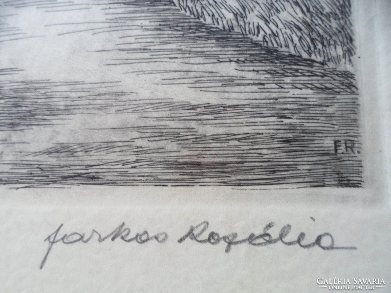 Farkas Rozália rézkarc falurészlet padon ülő asszony 25x35 cm keret nélkül