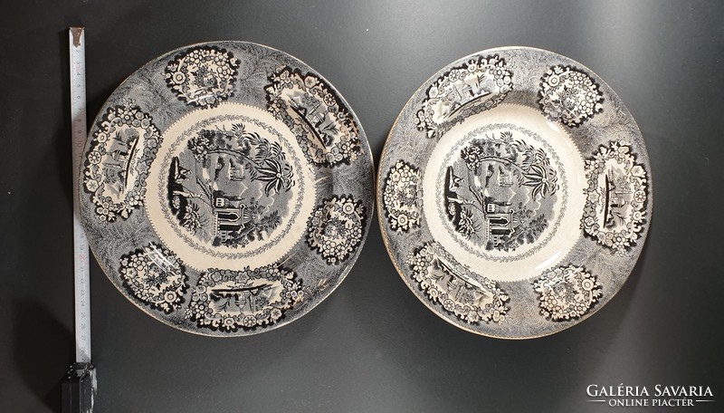 Antik angol tányér szett 2db Kannreuther & Co. 19th Century Brown Transferware Plate Birmingham