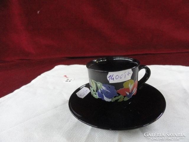 Francia porcelán kávés csésze + alátét. Fekete alapon virágmintás. Vanneki!