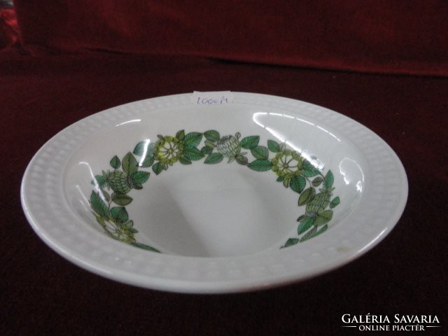 Spanyol porcelán kompótos tányér. Nyomatos szegéllyel, zöld mintával, átmérője 14,5 cm. Vanneki!