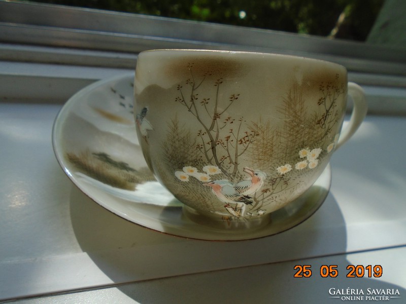 Kutani painting-like landscape with colorful water birds special eggshell cup and saucer