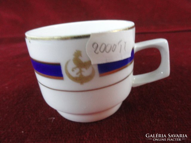 Zsolnay porcelain coffee cup with blue / gold stripe and iron rooster mark. He has!