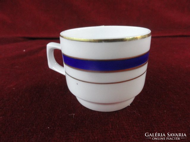 Zsolnay porcelain coffee cup with blue / gold stripe and iron rooster mark. He has!