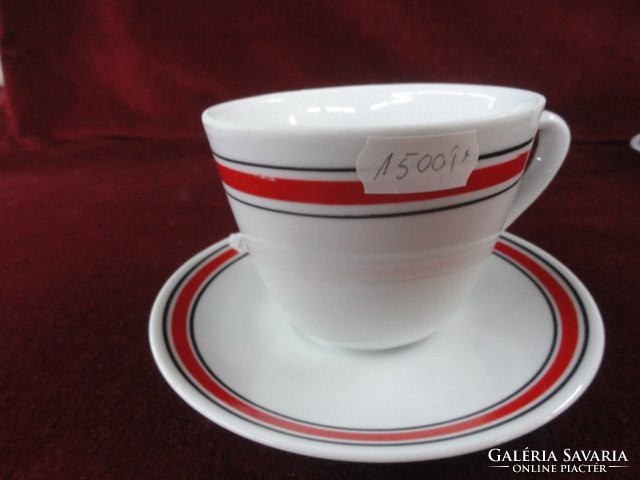 Zsolnay porcelain teacup + placemat with gray / red stripe. He has!