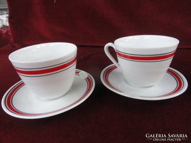 Zsolnay porcelain teacup + placemat with gray / red stripe. He has!