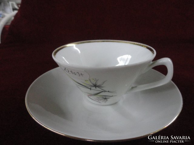 Jarolina lengyel porcelán kávés csésze + alátét. Arany szegélyes, sárga/rózsaszín virággal. Vanneki!
