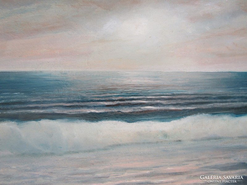 Waves at sunset - signed antique oil painting