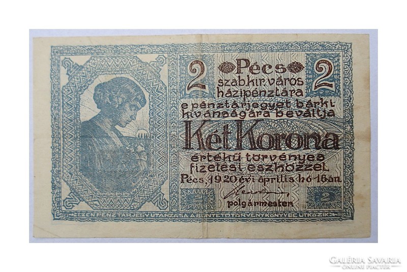2 Korona Pécs city emergency money 1920. There is mail!