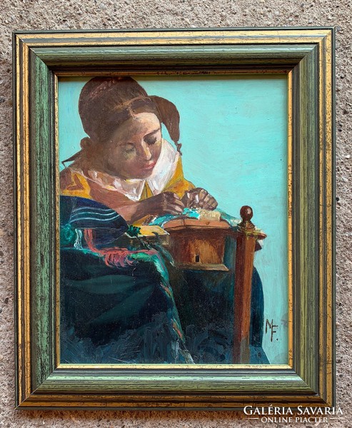 Copy of an English painting by Jan Vermeer signed mf 27 x 32 cm.