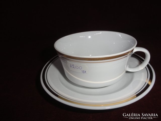 Alföldi porcelain tea cup + saucer. On a white background with a double gold stripe. He has!