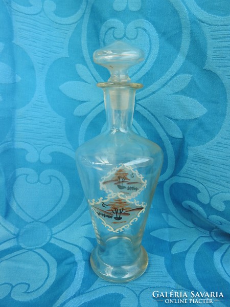 Antik szecessziós kézzel festett tájképes üveg butélia likőrös üveg