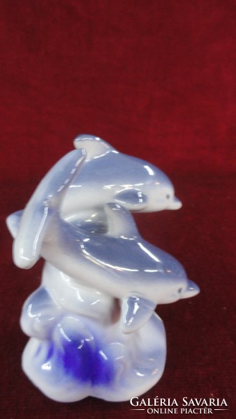 Porcelán delfin figurális szobor, szürkéskék színű, két delfinnel. Vanneki!