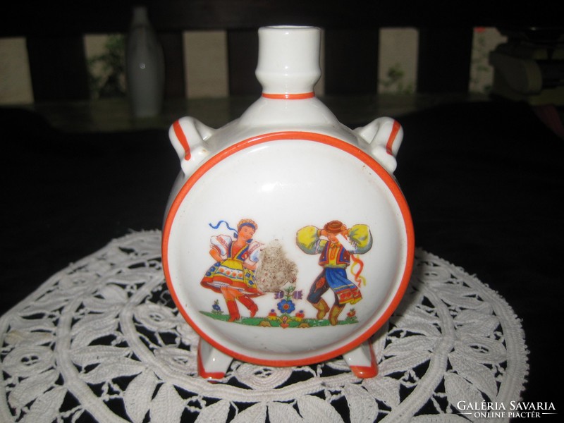 Zsolnay water bottle with a folk scene, 8.5 cm, with a little fading of the factory paint