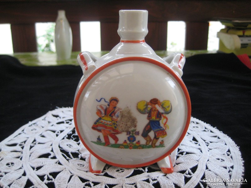 Zsolnay water bottle with a folk scene, 8.5 cm, with a little fading of the factory paint