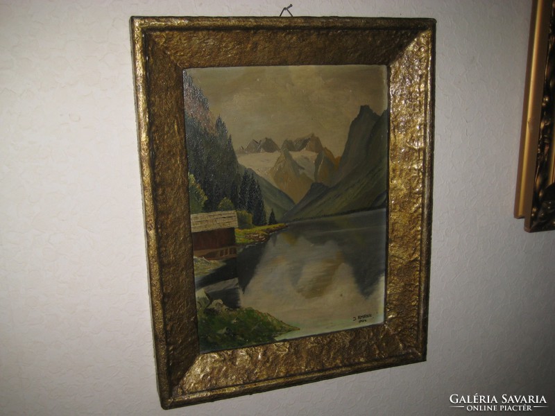 Antique alpine painting 1954, signed Amann, oil on wood