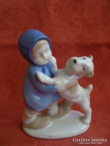 GDR porcelán figura: Kislány kutyával