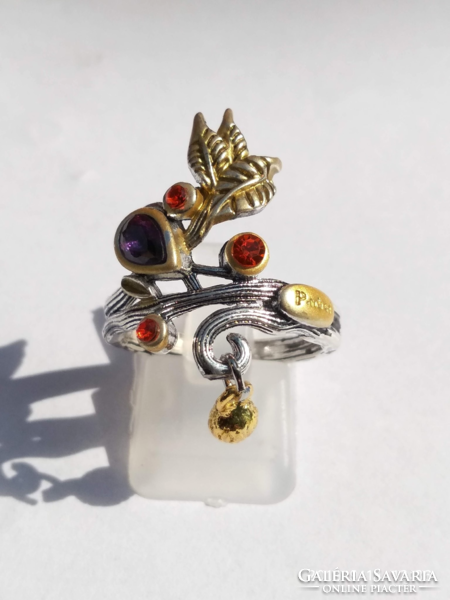 925-S silver-filled (sf) ring with amethyst and carnelian crystals