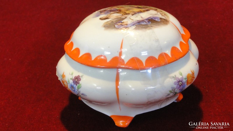 ALT WEIN osztrák porcelán bonbonier, narancs lábakkal és szegéllyel. Jelenetes, antik. Vanneki!