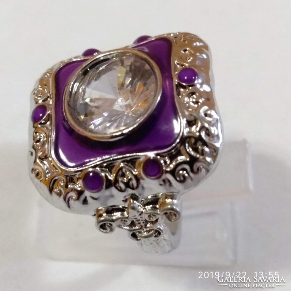 Vintage 925 sterling silver (sf) ring with white cz crystal and purple fire enamel