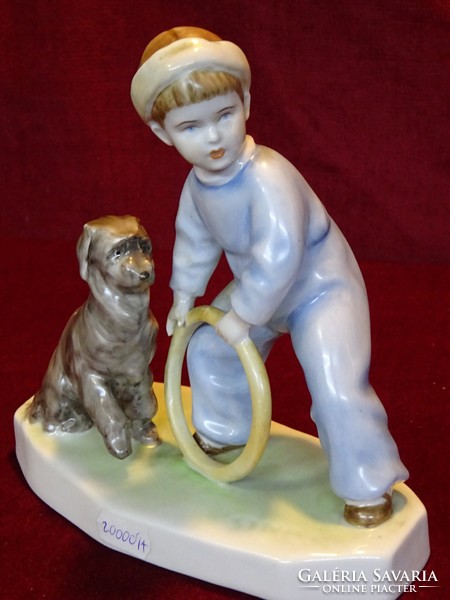 Zsolnay porcelain figurative statue, little boy with a shield seal and a circle. Antique. He has!