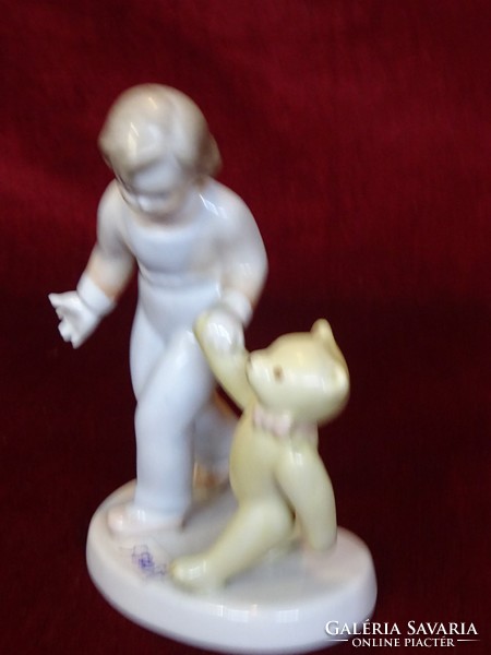 Aquincum porcelain figural sculpture. Little girl with a teddy bear. He has!