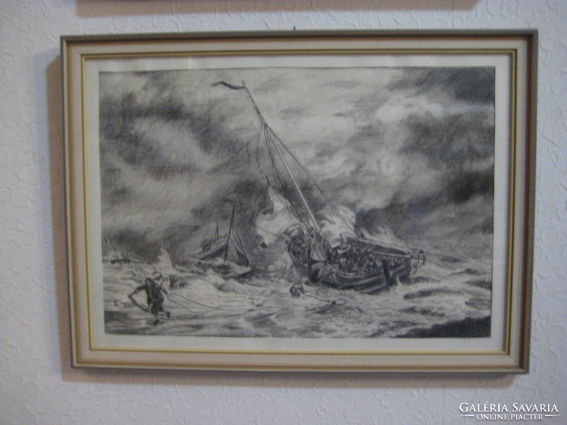 Shipwreck, etching 32 x 45, with frame 35 x 48 cm