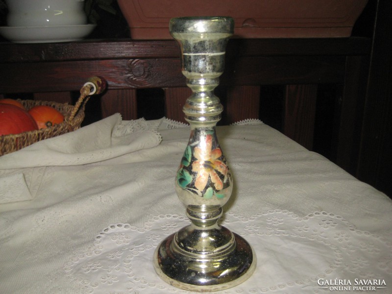 Antique, broken glass candle holder, painted, diameter 10 cm, height 23 cm