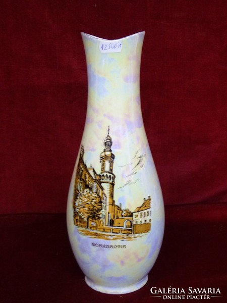 Hollóházi gyöngyházfényű porcelán váza, 31 cm magas, Sopron képpel, ritka. Vanneki!