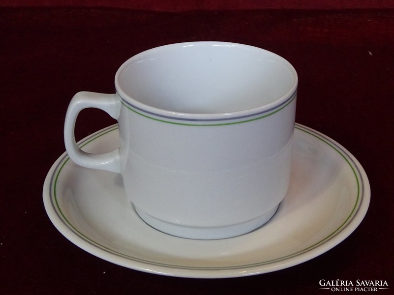 Zsolnay porcelain tea cup + saucer, with pale green stripe. He has!