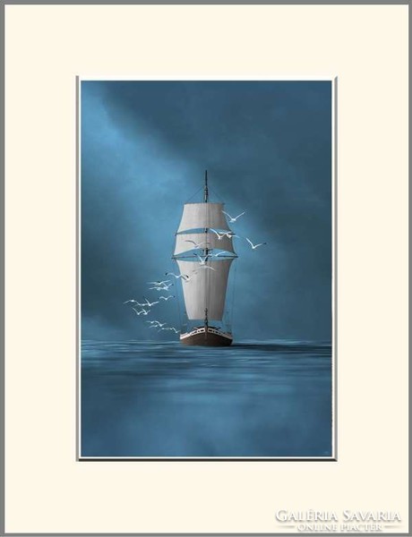 Moira risen: seven sailing at sea - return home. Contemporary, signed fine art print, sailing seagull