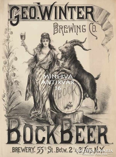 Bock Beer Brewery sör reklám, női alak, hordó, kecskebak, grafit c.1900 Vintage/antik plakát reprint