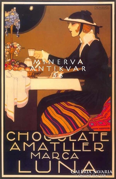 Chocolat Amatller Marca Luna spanyol csokoládé csoki kávé reklám 1914 szecessziós plakát reprint