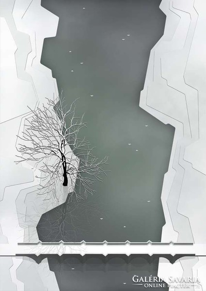 Moira Risen: Tél közeledik - A folyó Kortárs szignált fine art nyomat, minimalista tájkép öreg kőhíd