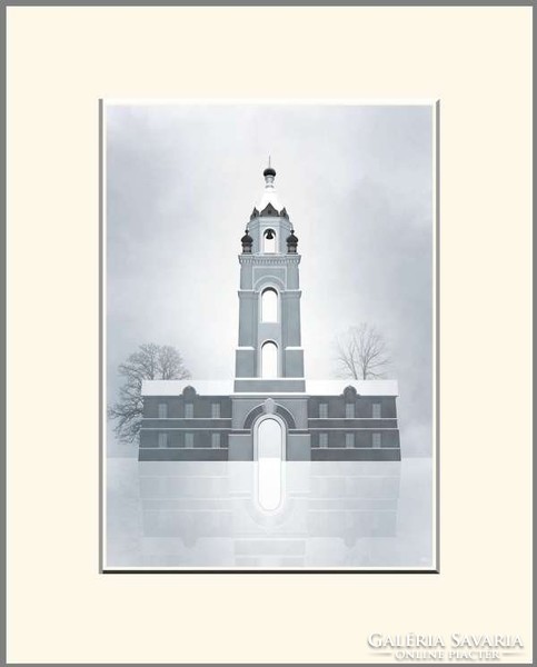 Moira risen: winter is approaching - ice country. Contemporary, signed fine art print, church bell tower on lake