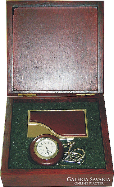 Pocket watch with wood-covered business card holder in gift box